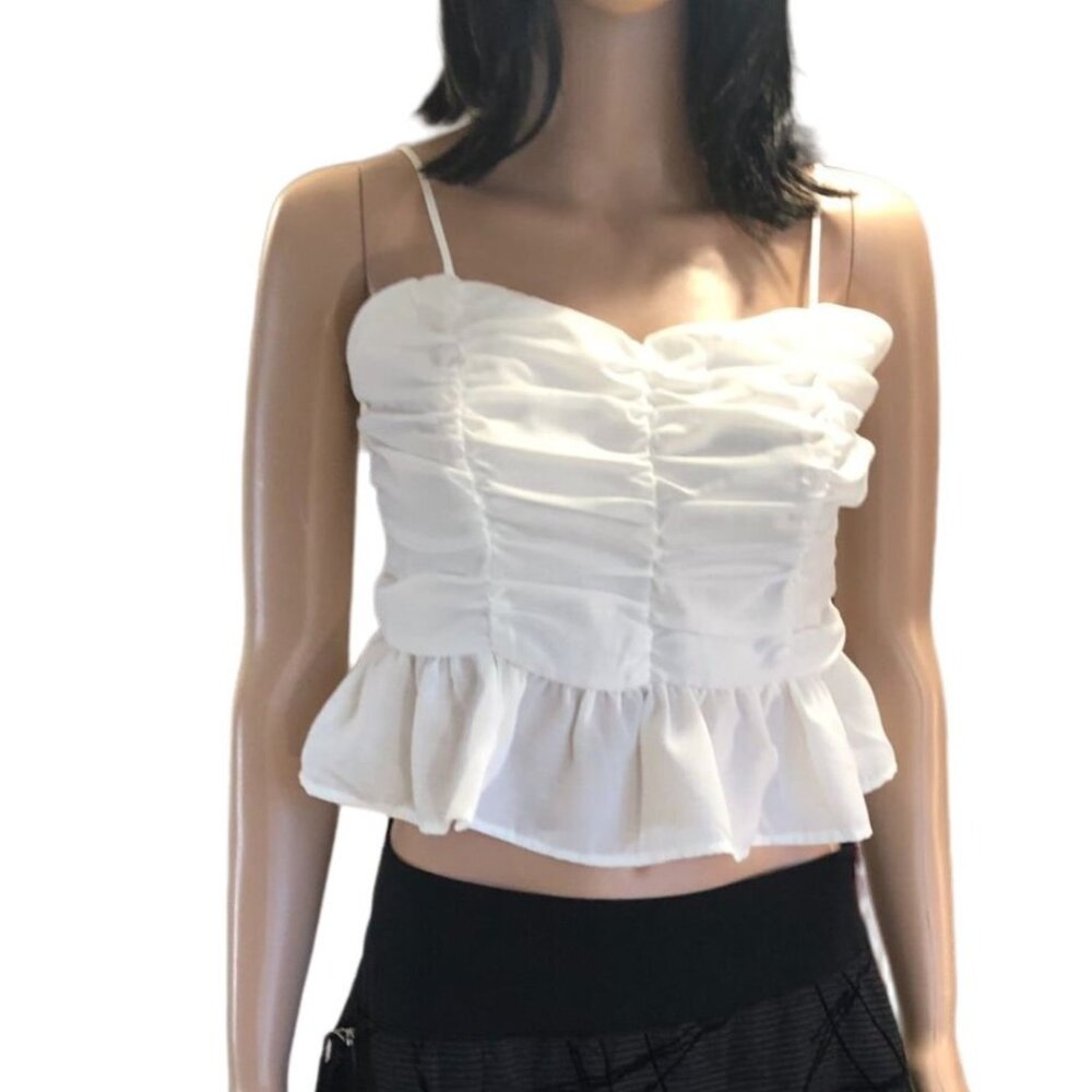 Womens Ruched Peplum‎ Cami White Size M Coquette Y2K Feminine